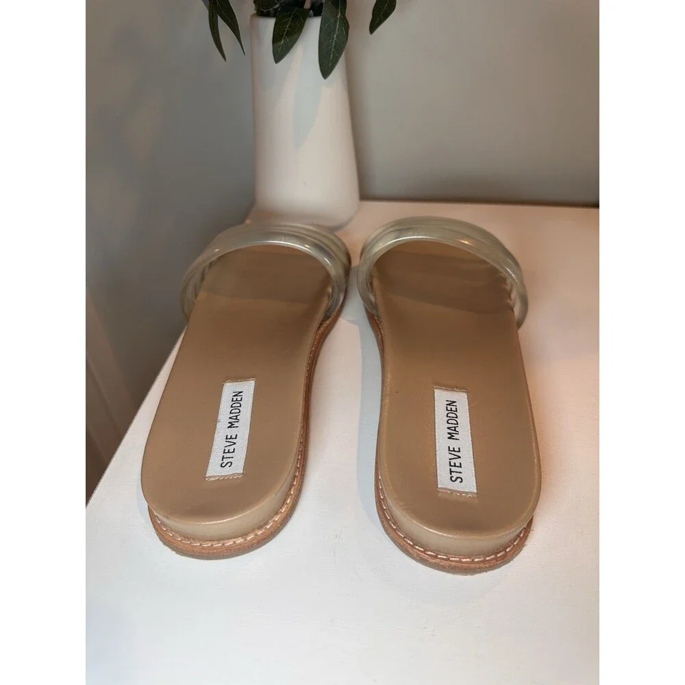 Steve Madden Clear Puffy Multi Strap Flat Slide Sandals Tan Nude Womens Size 7